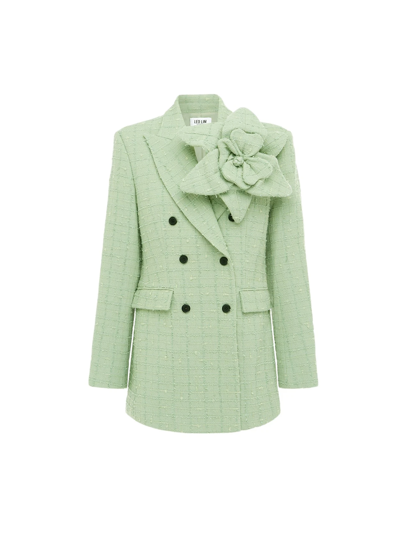 Leo-Lin-Jazlyn90159_nobg Leo Lin green blazer – tailored single-breasted blazer with structured shoulders, notched lapels, and floral appliqué detailing.