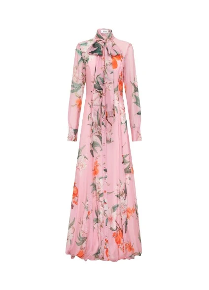 Leo-Lin-Lilith74004_nobg Leo Lin pink maxi dress – long-sleeved dress with tie-neck detail, button-down front, and relaxed silhouette.
