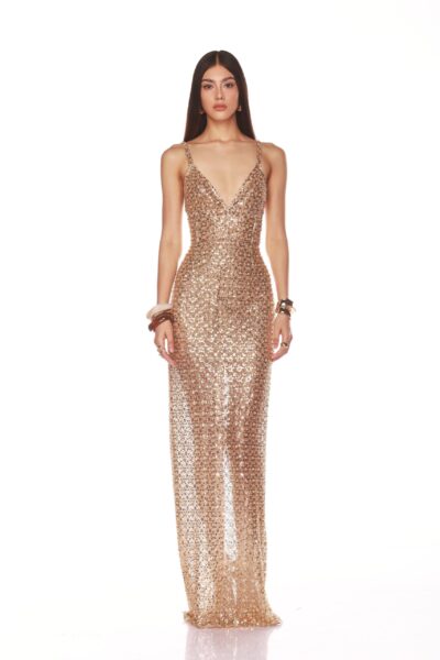 Bronx and Banco Gold Allegra Gold Sequin Maxi Dress  a harmonious blend of structured elegance and timeless sophistication