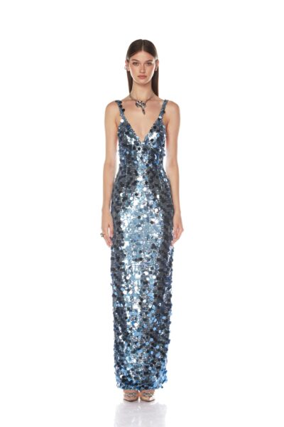 Bronx and Banco Blue Allegra Ocean Blue Sequin Maxi Dress  a harmonious blend of structured elegance and timeless sophistication
