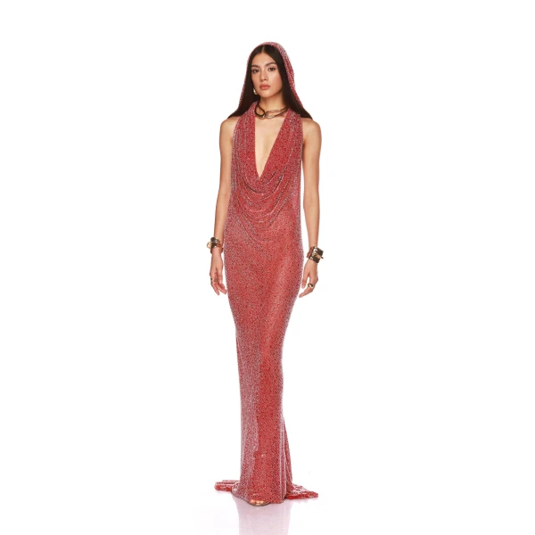 Bronx and Banco Red Amalia Red Gown  a harmonious blend of structured elegance and timeless sophistication.