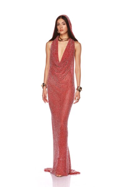 Bronx and Banco Red Amalia Red Gown  a harmonious blend of structured elegance and timeless sophistication