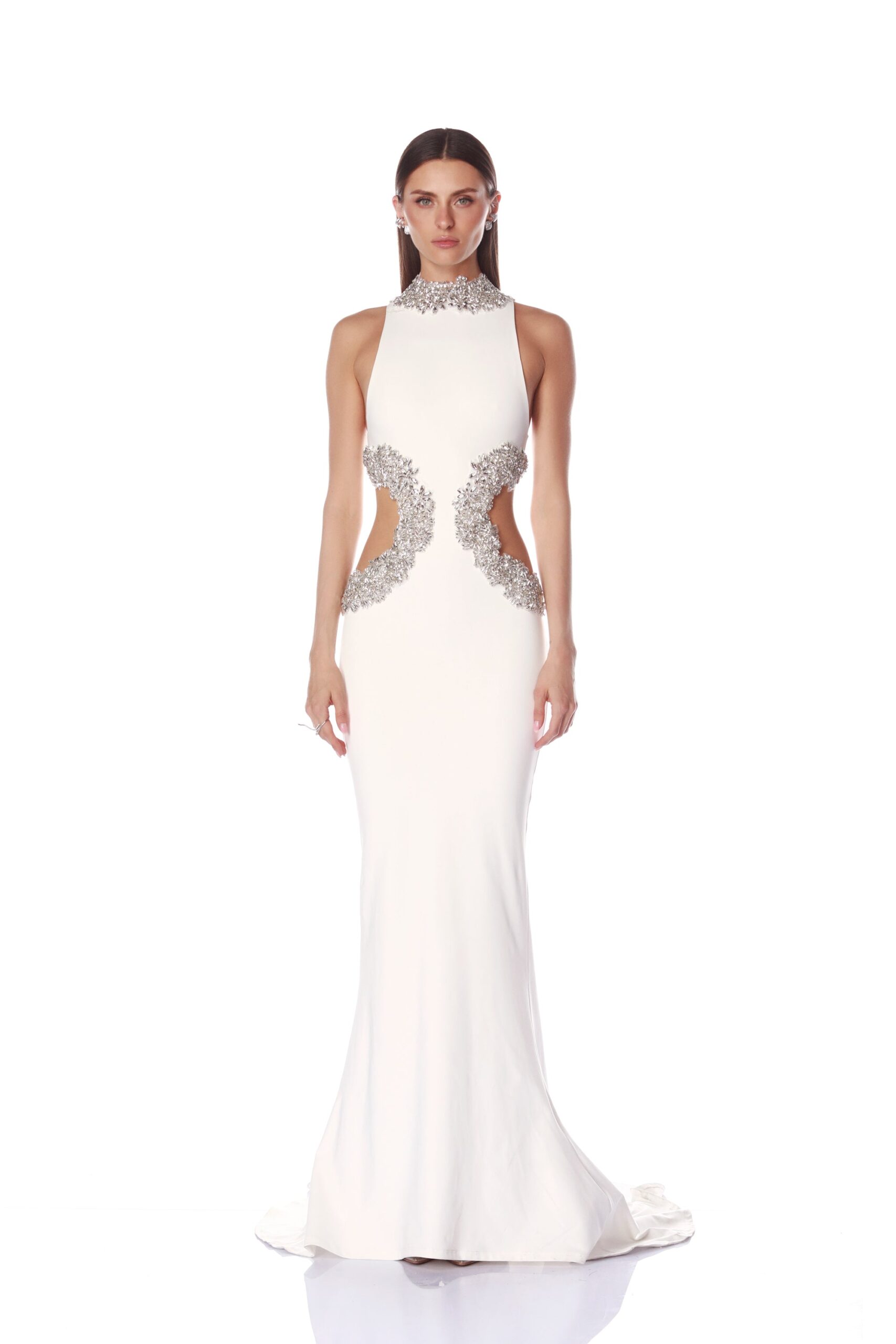 Bronx and Banco Camila White Rhinestone Cutout Gown Bronx and Banco White Camila White Rhinestone Cutout Gown a harmonious blend of structured elegance and timeless sophistication