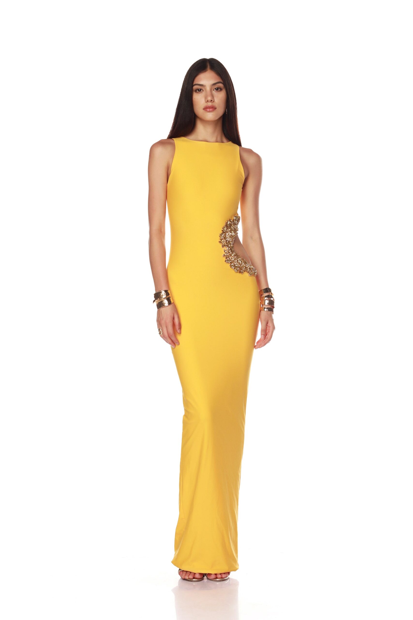 Bronx and Banco Camila Yellow Rhinestone Cutout Maxi Dress Bronx and Banco Yellow Camila Yellow Rhinestone Cutout Maxi Dress a harmonious blend of structured elegance and timeless sophistication