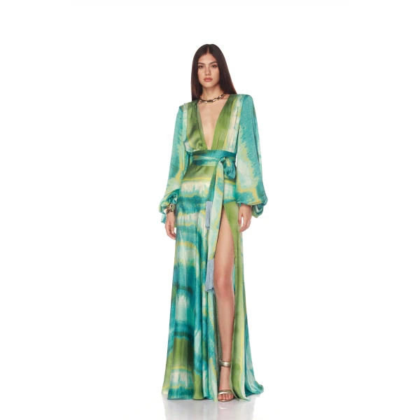 Bronx and Banco Green Carmen Coastal Maxi Dress  a harmonious blend of structured elegance and timeless sophistication.