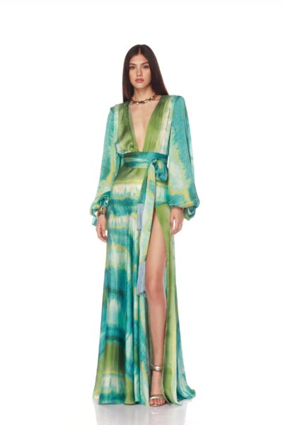 Bronx and Banco Green Carmen Coastal Maxi Dress  a harmonious blend of structured elegance and timeless sophistication