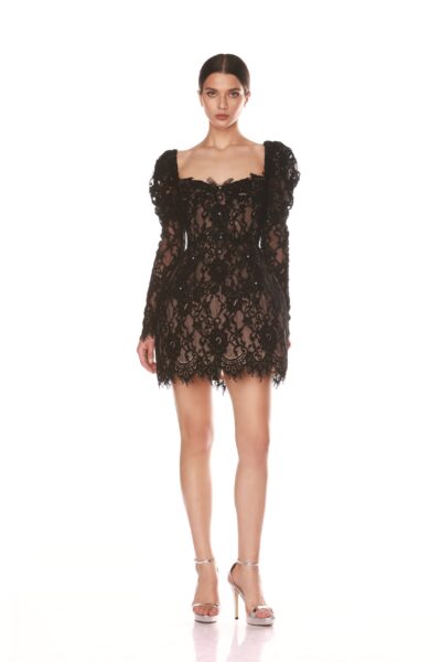Bronx and Banco Black Colette Lace Noir Long Sleeve Mini Dress  a harmonious blend of structured elegance and timeless sophistication