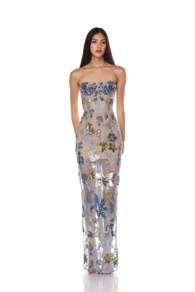 Bronx and Banco Blue Dahlia Baby Blue Multi Maxi Dress  a harmonious blend of structured elegance and timeless sophistication