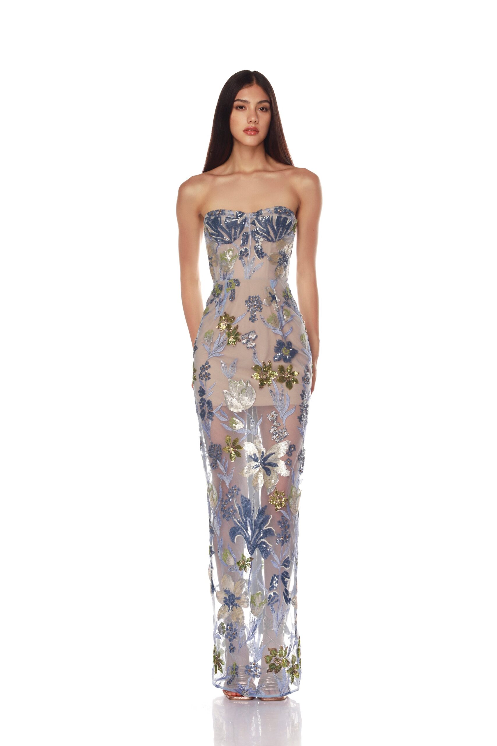Bronx and Banco Dahlia Baby Blue Multi Maxi Dress Bronx and Banco Blue Dahlia Baby Blue Multi Maxi Dress a harmonious blend of structured elegance and timeless sophistication