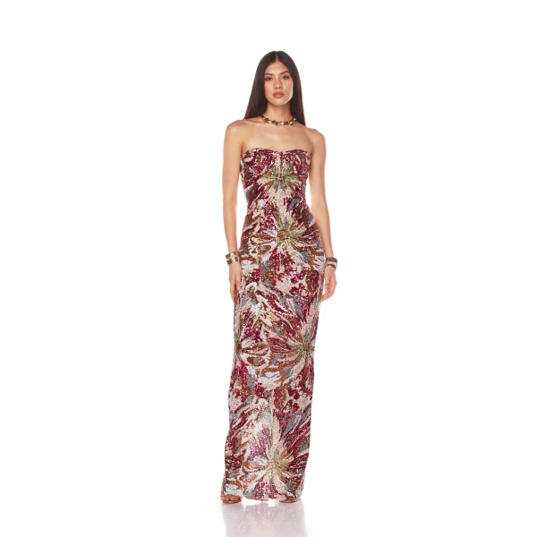 Bronx and Banco Pink Dahlia Fuchsia Multi Maxi Dress  a harmonious blend of structured elegance and timeless sophistication.
