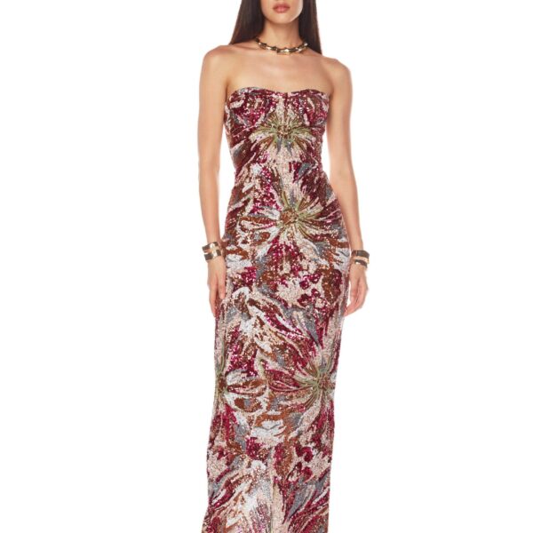 Bronx and Banco Pink Dahlia Fuchsia Multi Maxi Dress  a harmonious blend of structured elegance and timeless sophistication.