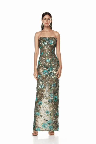 Bronx and Banco Multicolour Dahlia Teal Multi Maxi Dress  a harmonious blend of structured elegance and timeless sophistication