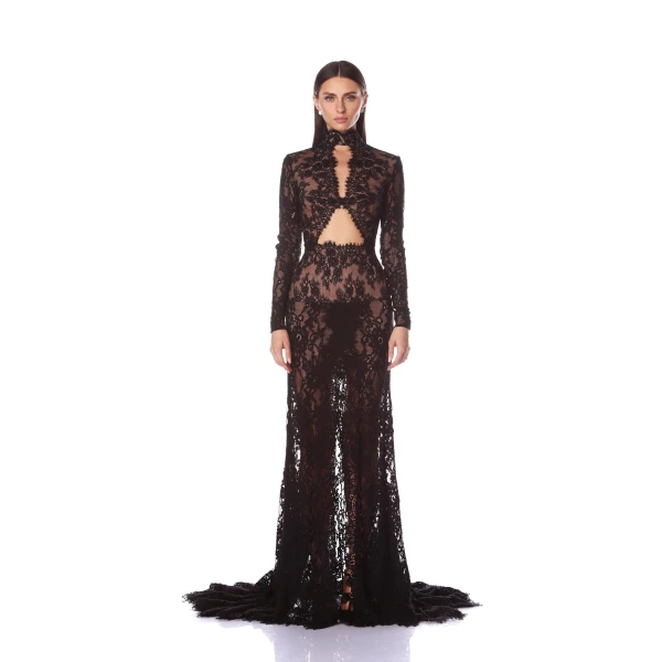 Bronx and Banco Black Eleanor Black Lace Gown  a harmonious blend of structured elegance and timeless sophistication.