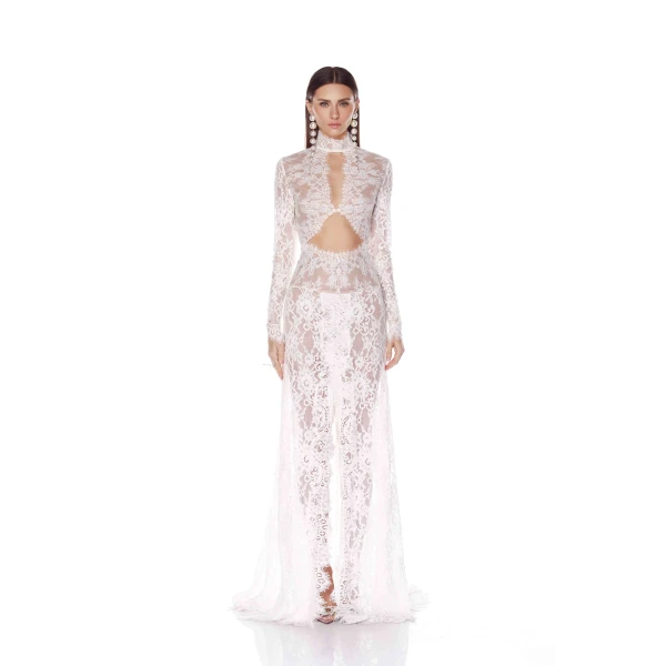 Bronx and Banco White Eleanor White Lace Gown  a harmonious blend of structured elegance and timeless sophistication