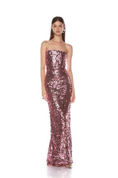 Bronx and Banco Pink Farah Blush Sequin Strapless Gown  a harmonious blend of structured elegance and timeless sophistication