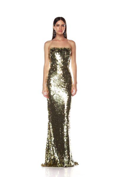Bronx and Banco Gold Farah Gold Sequin Strapless Gown  a harmonious blend of structured elegance and timeless sophistication