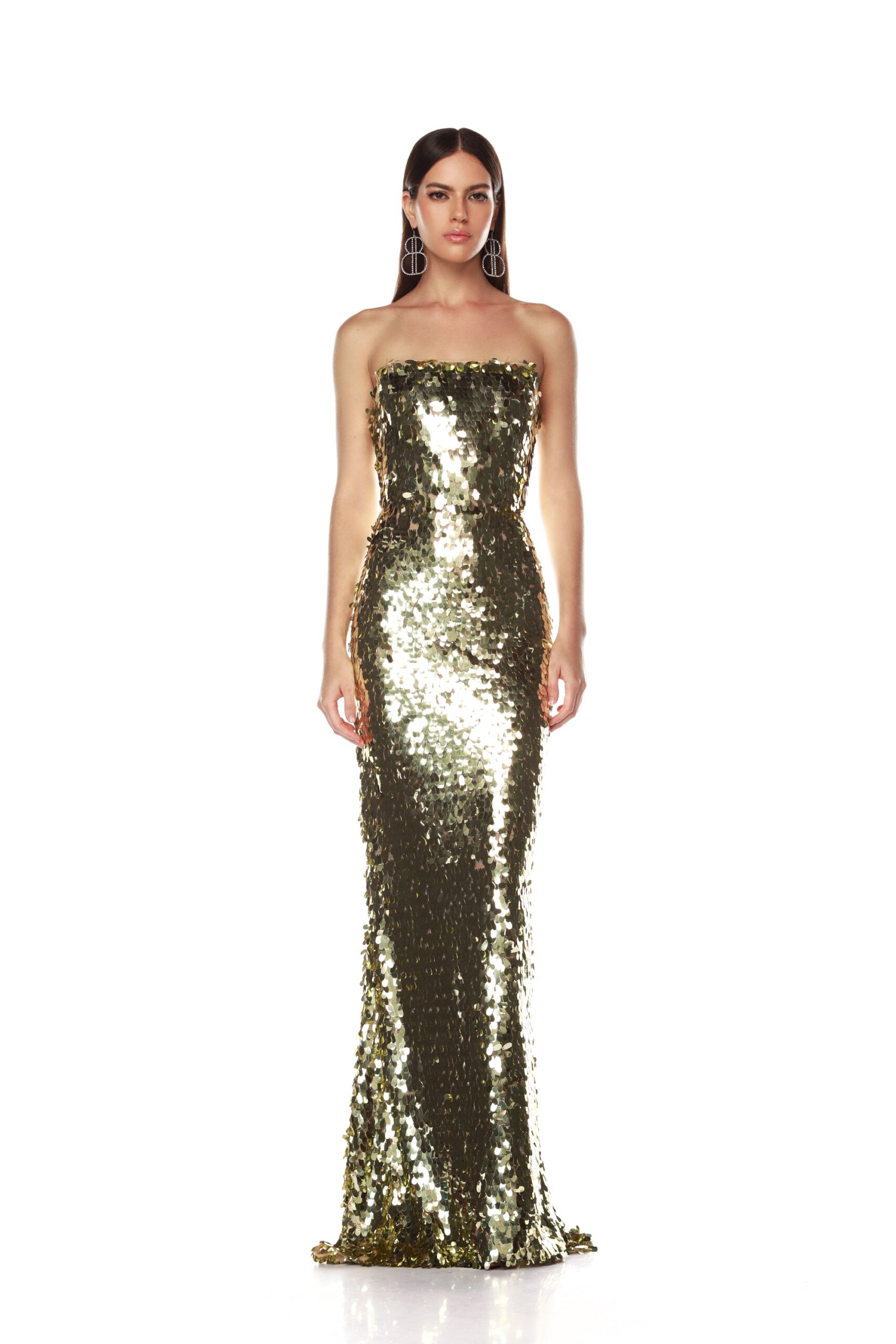 Bronx and Banco Gold Farah Gold Sequin Strapless Gown  a harmonious blend of structured elegance and timeless sophistication
