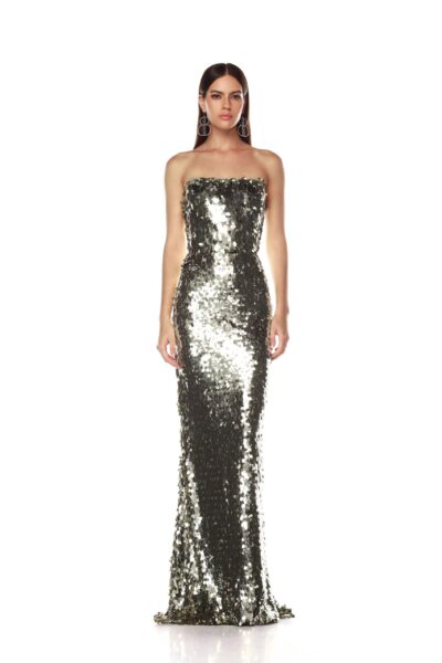 Bronx and Banco Silver Farah Silver Sequin Strapless Gown  a harmonious blend of structured elegance and timeless sophistication