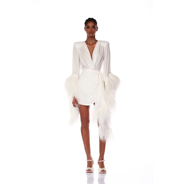 Bronx and Banco Ivory Geisha Blanc Mini Dress  a harmonious blend of structured elegance and timeless sophistication.