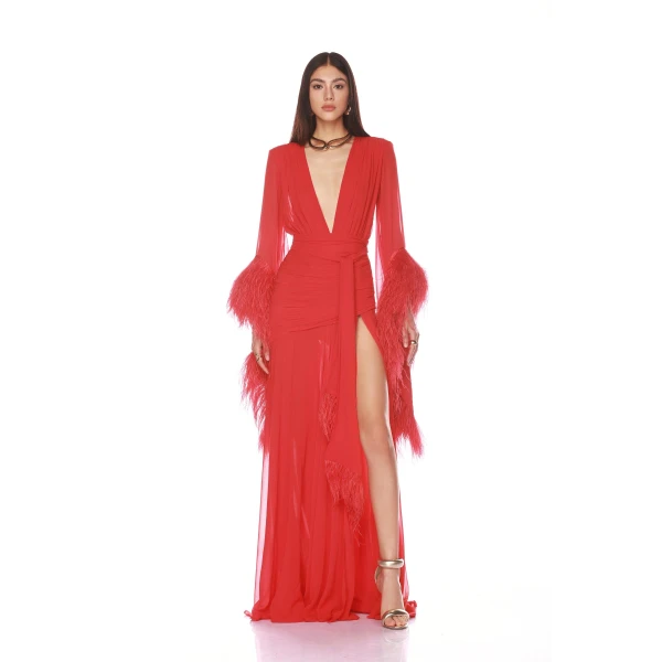 Bronx and Banco Red Geisha Red Maxi Dress  a harmonious blend of structured elegance and timeless sophistication.