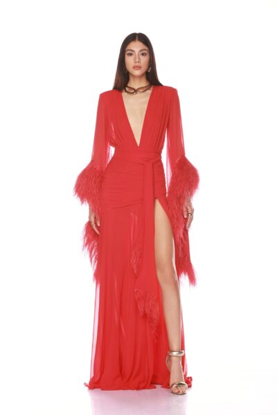 Bronx and Banco Red Geisha Red Maxi Dress  a harmonious blend of structured elegance and timeless sophistication