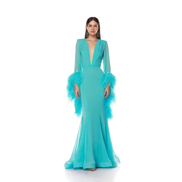 Bronx and Banco Green Geisha V-Neck Teal Gown  a harmonious blend of structured elegance and timeless sophistication