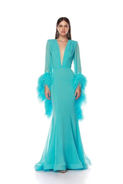 Bronx and Banco Green Geisha V-Neck Teal Gown  a harmonious blend of structured elegance and timeless sophistication