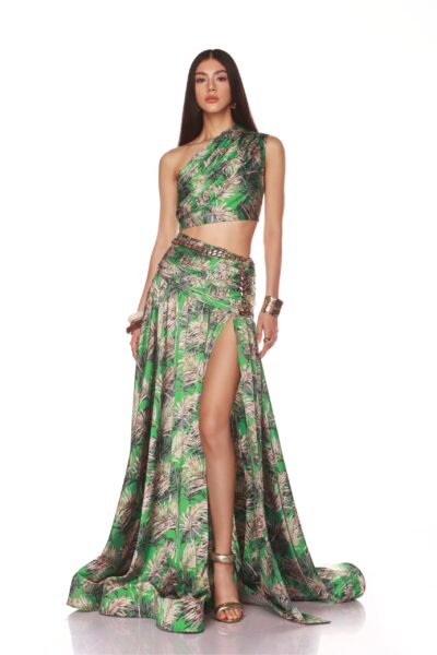 Bronx and Banco Green Jafari Havana Gown  a harmonious blend of structured elegance and timeless sophistication