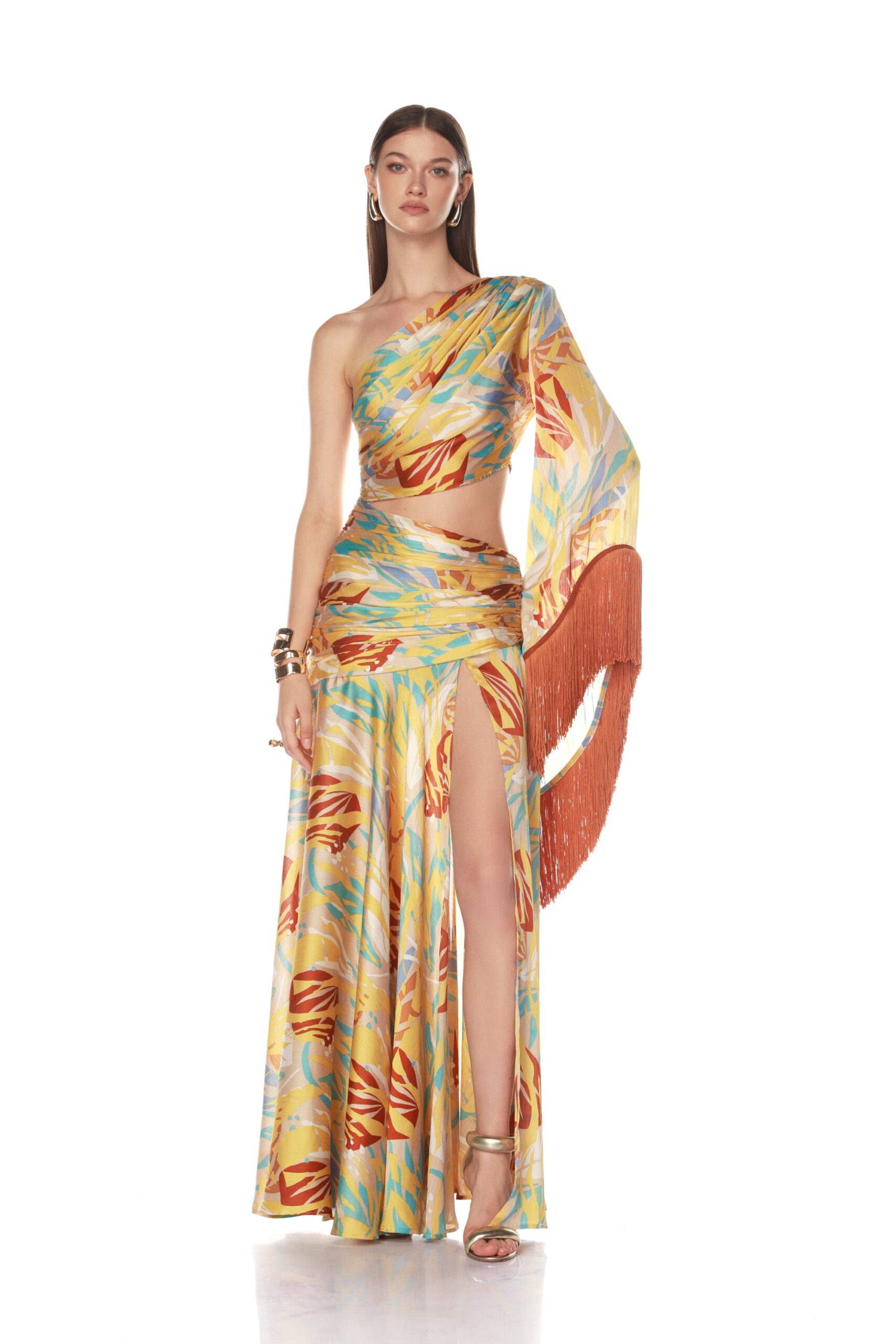 Bronx and Banco Jafari Isla Fringe One Sleeve Gown Bronx and Banco Multicolour Jafari Isla Fringe One Sleeve Gown a harmonious blend of structured elegance and timeless sophistication