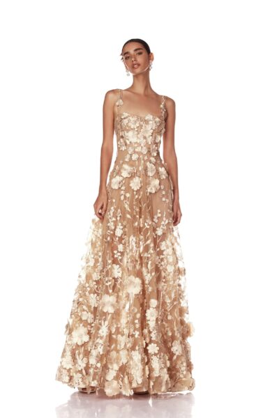 Bronx and Banco Gold Jasmine Gold Gown  a harmonious blend of structured elegance and timeless sophistication