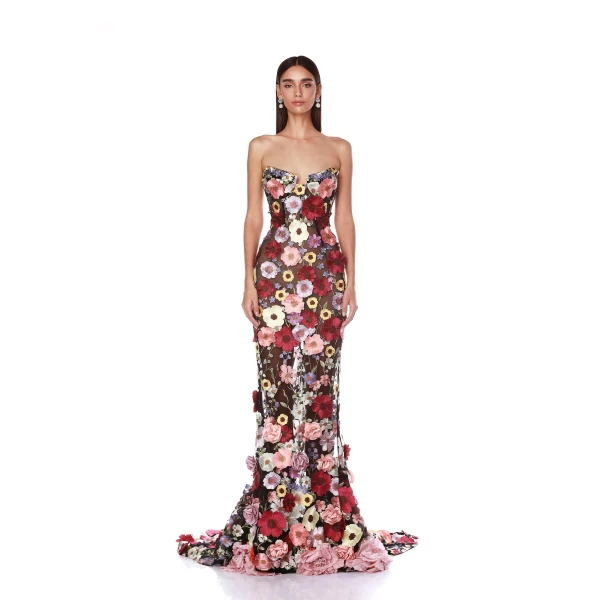 Bronx and Banco Multicolour Jasmine Multi Floral Strapless Gown  a harmonious blend of structured elegance and timeless sophistication