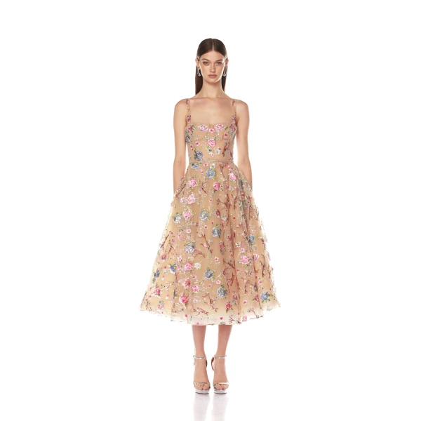 Bronx and Banco Red Mademoiselle Embroidered Gold Floral Midi Dress  a harmonious blend of structured elegance and timeless sophistication.