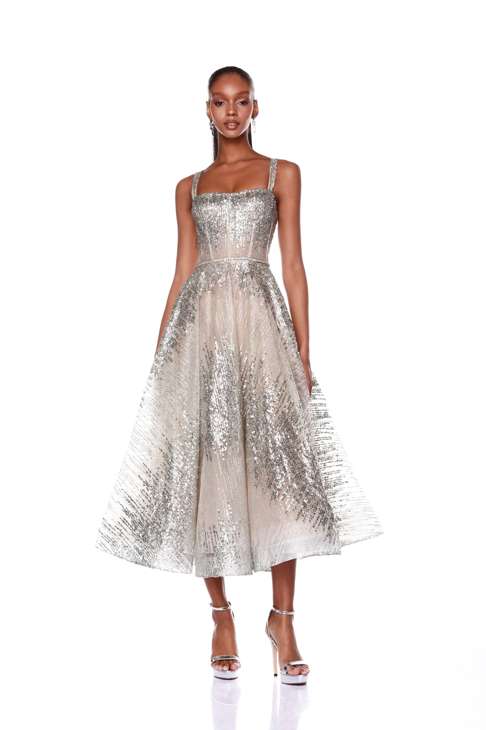 Bronx and Banco Mademoiselle Silver Midi Dress Bronx and Banco Silver Mademoiselle Silver Midi Dress a harmonious blend of structured elegance and timeless sophistication