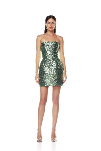 Bronx and Banco Green Maraya Teal Sequin Mini Dress  a harmonious blend of structured elegance and timeless sophistication
