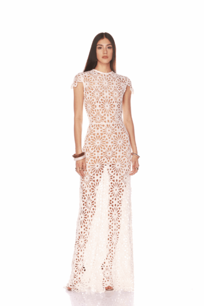 Bronx and Banco White Marley Cap Sleeve White Crochet Maxi Dress  a harmonious blend of structured elegance and timeless sophistication