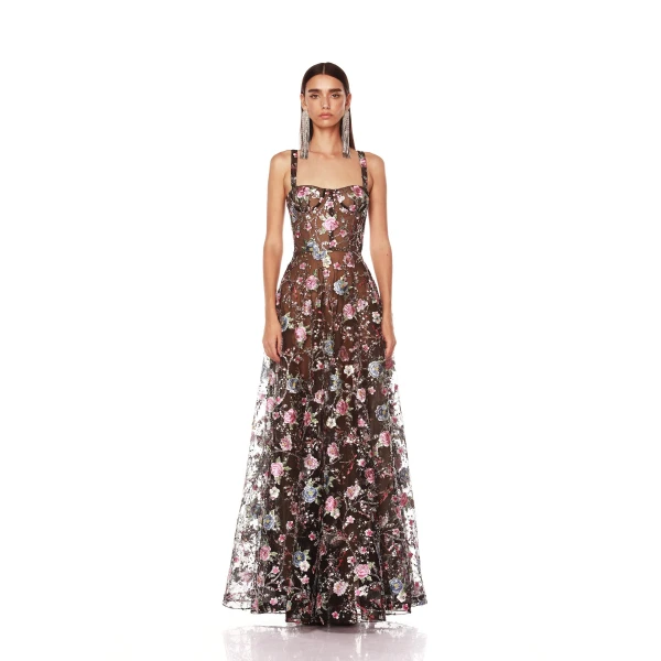 Bronx and Banco Red Midnight Embroidered Floral Gown  a harmonious blend of structured elegance and timeless sophistication.