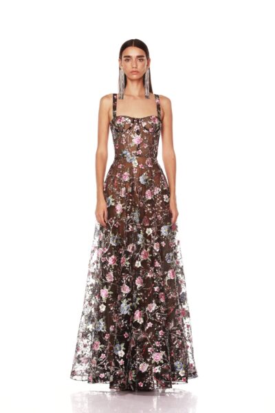 Bronx and Banco Red Midnight Embroidered Floral Gown  a harmonious blend of structured elegance and timeless sophistication