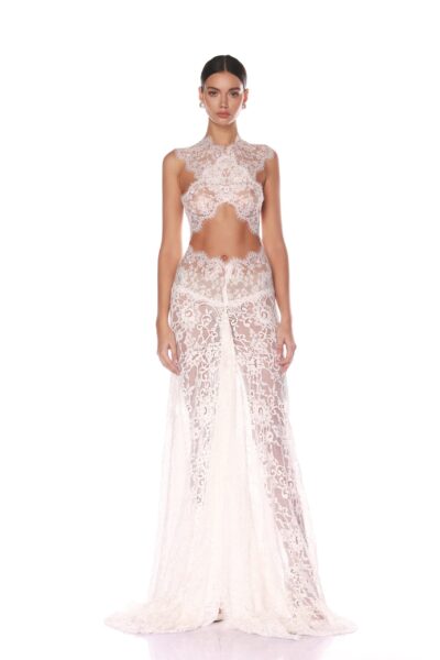 Bronx and Banco Ivory Naia Blanc Lace Gown  a harmonious blend of structured elegance and timeless sophistication