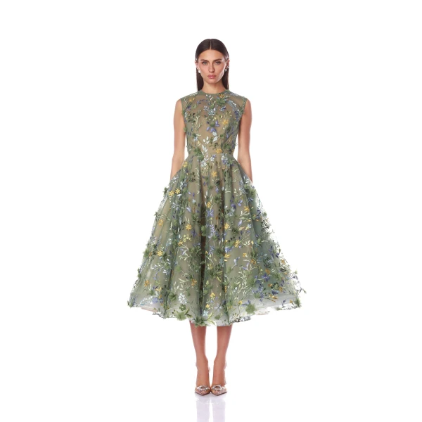 Bronx and Banco Green Saba Floral Green Midi Dress  a harmonious blend of structured elegance and timeless sophistication.