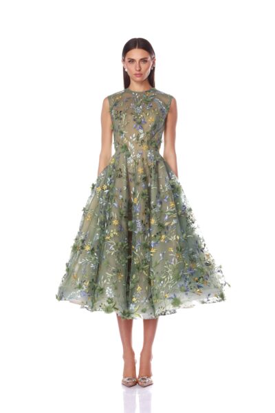 Bronx and Banco Green Saba Floral Green Midi Dress  a harmonious blend of structured elegance and timeless sophistication