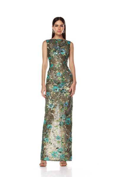 Bronx and Banco Green Violet Teal Maxi Dress  a harmonious blend of structured elegance and timeless sophistication