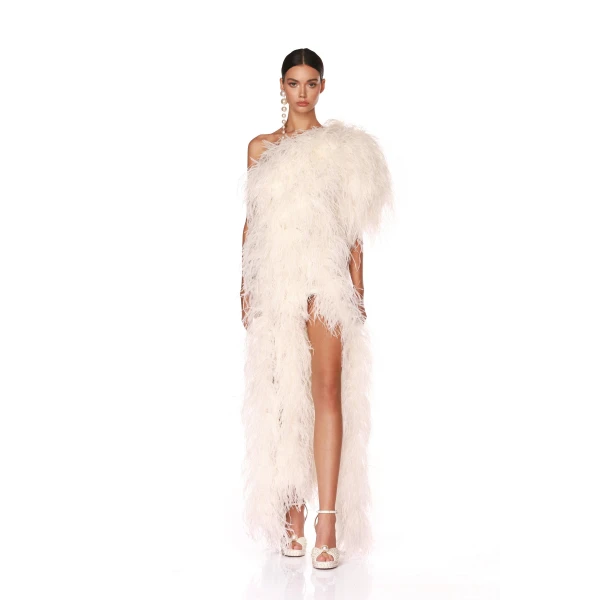 Bronx and Banco Ivory Zoia Blanc Gown  a harmonious blend of structured elegance and timeless sophistication.