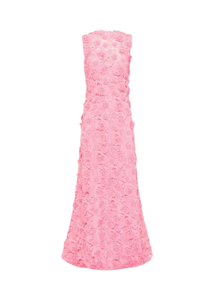 Leo Lin Eva pink sleeveless lace maxi dress with tiered skirt and embroidered floral details — romantic designer fashion at Luxury Shoes 