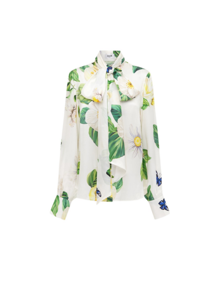 Leo Lin Freya white blouse with long sleeves and tie-neck detail — classic designer staple available at Luxury Shoes 