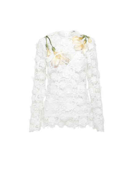 Leo Lin Luna long sleeve lace blouse in white with round neckline and floral detailing — designer fashion at Luxury Shoes 
