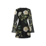 Model wearing Leo Lin Suzanne mini dress with bell sleeves in floral blossom print — shop luxury fashion at Luxury Shoes 
