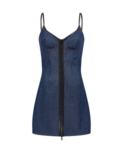David Koma Leather Trimmed Mini Denim Dress