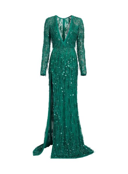 Elie Saab Bead Embroidered Fringe Gown in Green featuring Bead Embroidered Fringes – Luxury Designer Fashion at Luxury Shoes .