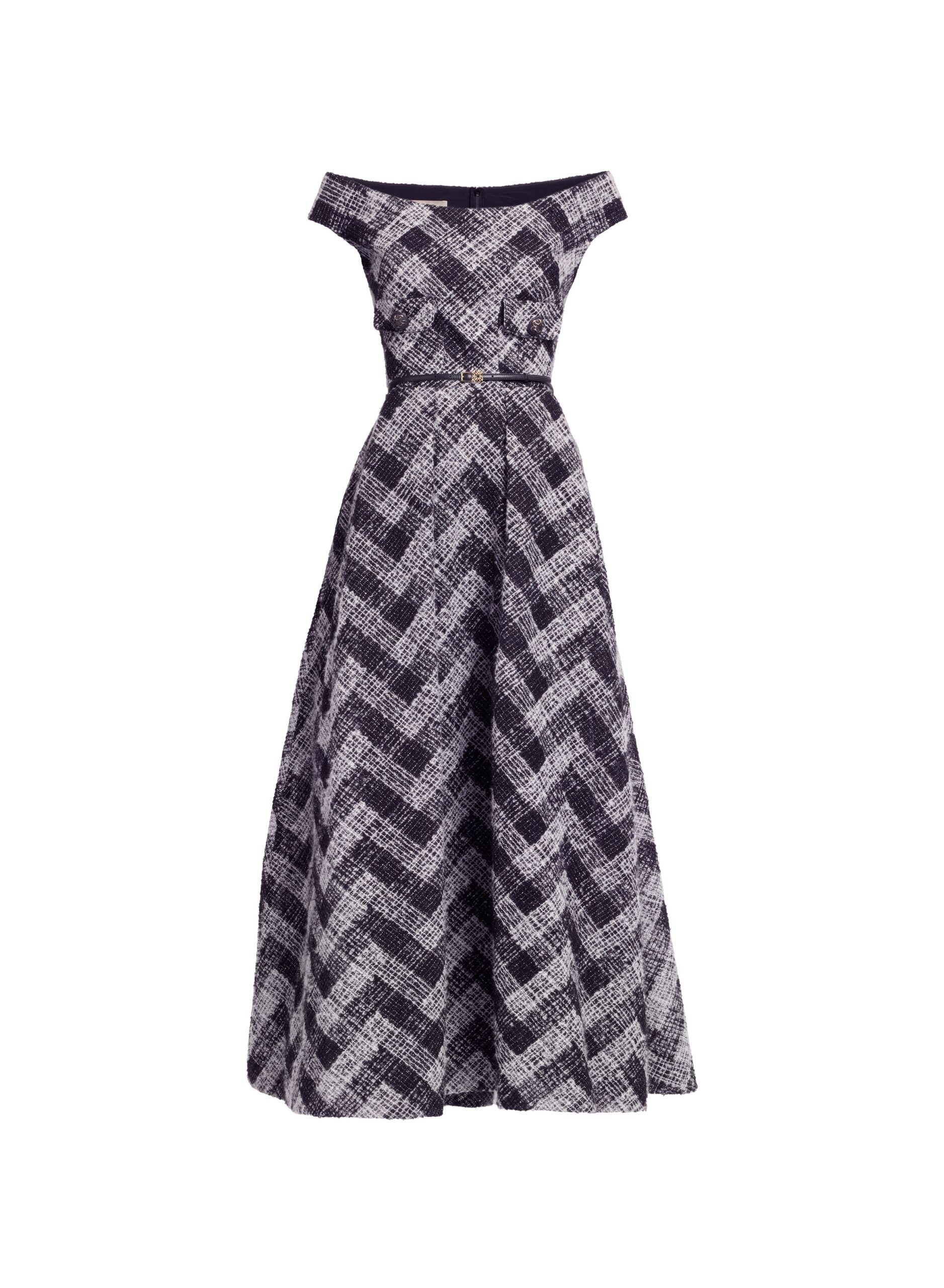 Elie Saab Chevron Off-Shoulder Midi Dress Elie Saab Chevron Off-Shoulder Midi Dress in White featuring Off-The-Shoulder – Luxury Designer Fashion at Luxury Shoes .