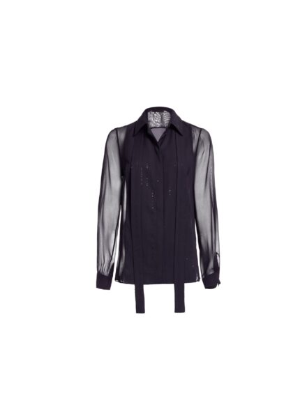 Elie Saab Embellished Pinstripe Silk Shirt in Black featuring Classic Collar – Luxury Designer Fashion at Luxury Shoes .